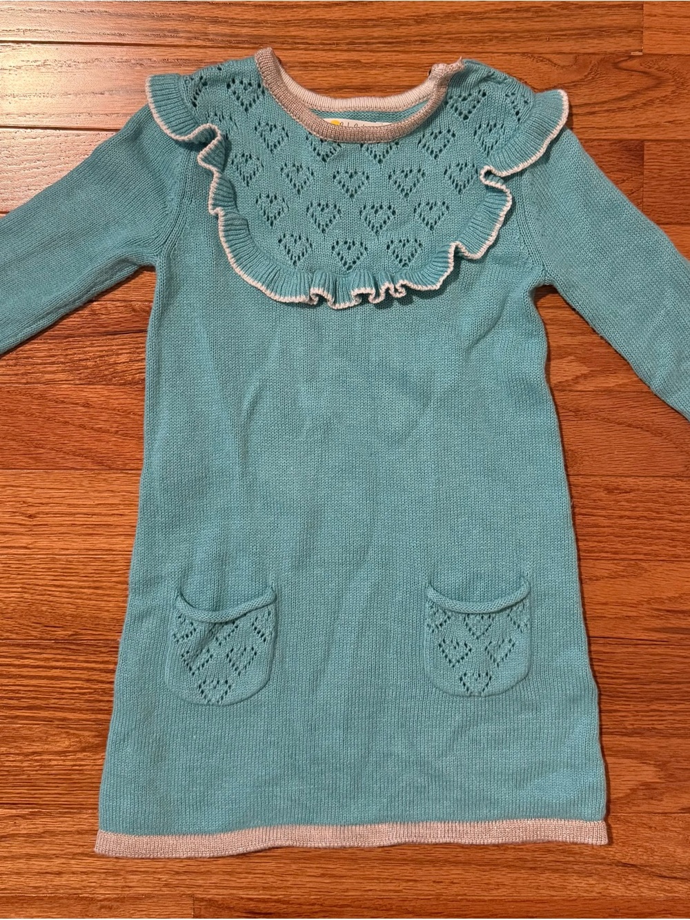 Baby Boden Teal Knit Ruffle Dress with Cream Trim (2/3, VGUC)